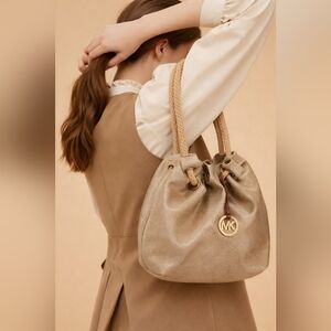 Michael Kors Bucket Bag Gold Tone Fabric/Marine Rope Brown leather trim